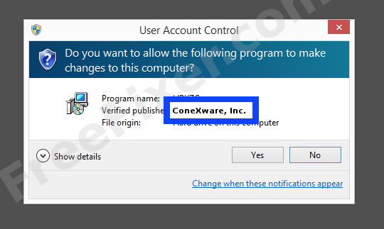 Screenshot where ConeXware, Inc. appears as the verified publisher in the UAC dialog